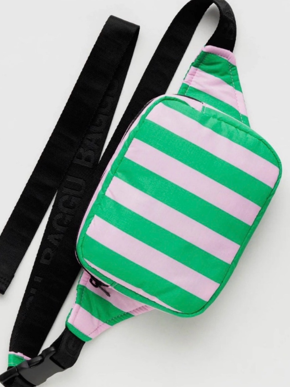 BAGGU 💚💗 Puffy Fanny Pink and Green Awning Stripe Belt Bag Hands Free Crossbody